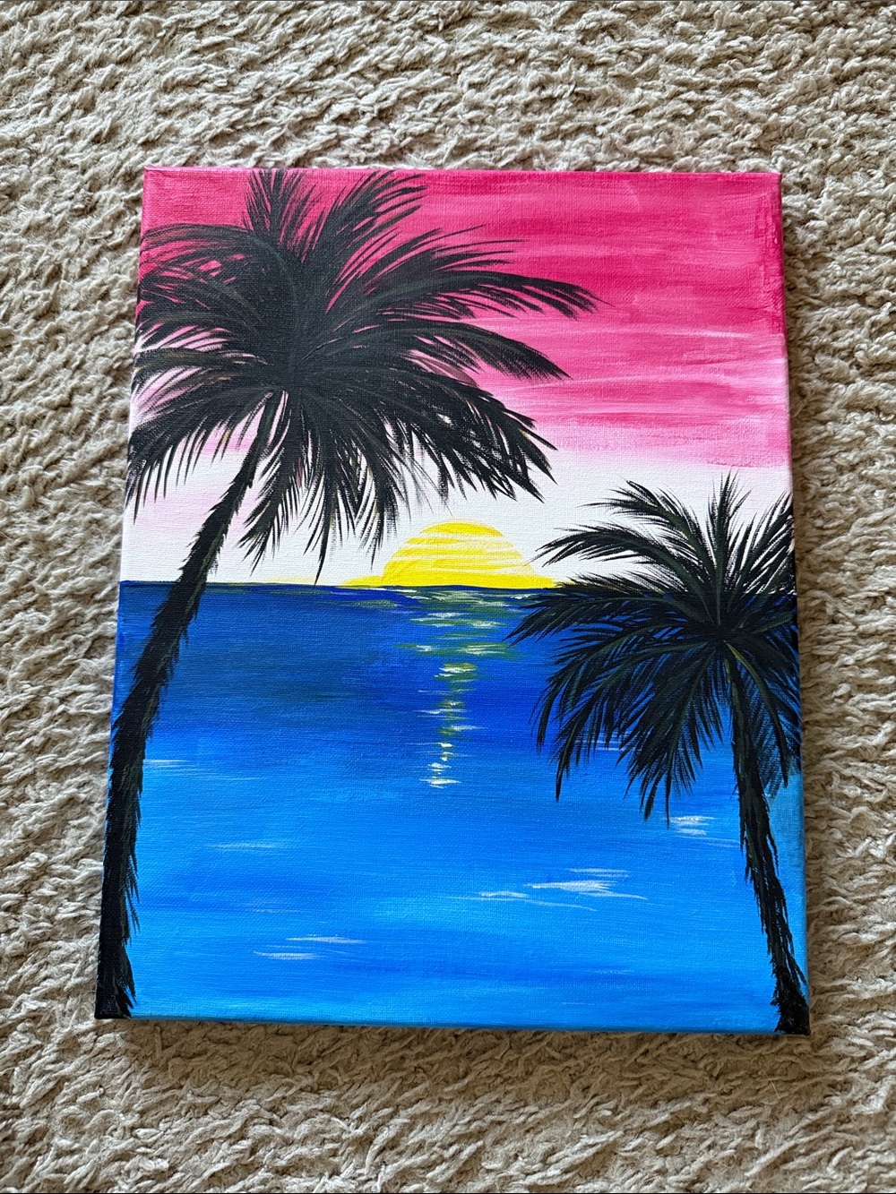 Tropical Sunset Palm Canvas Wall Art in Pink, Blue and Yellow